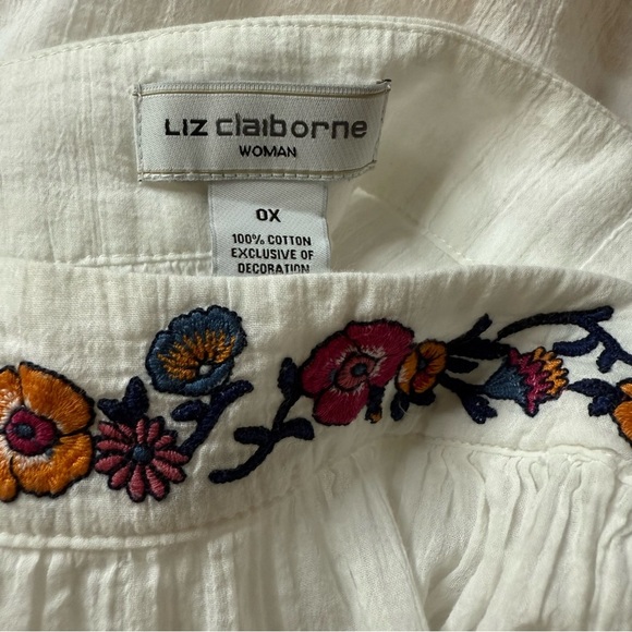 Liz Claiborne Women’s 0X Peasant Blouse Tunic Embroidered Floral White - Picture 5 of 5